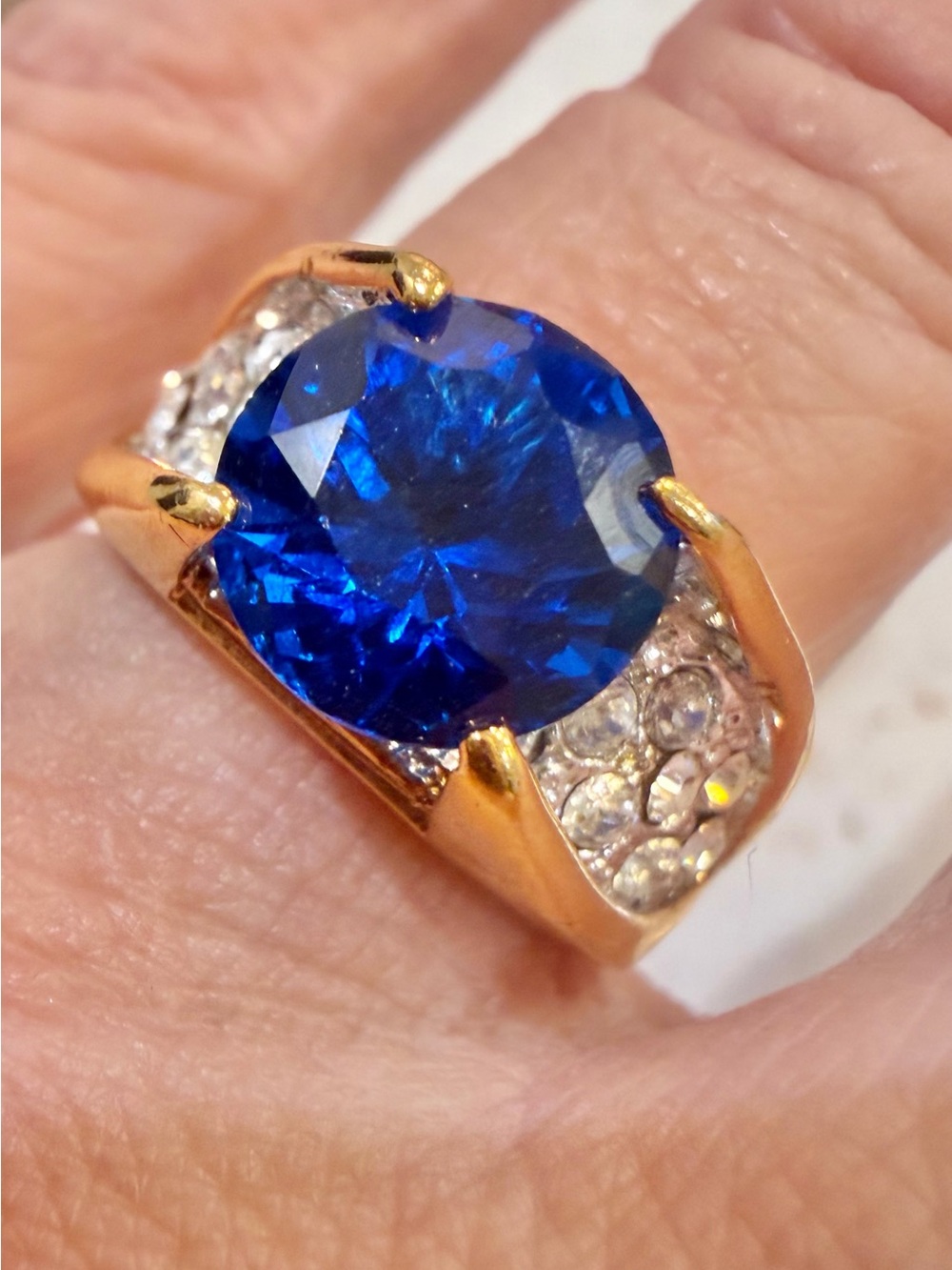 Vintage 14KT Gold Electroplate Faux Sapphire CZ Dome Ring - Size 6 Retro 1990s